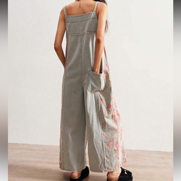 Floral denim jumpsuit blue Wash overalls pockets flowers - Picture 2 of 6